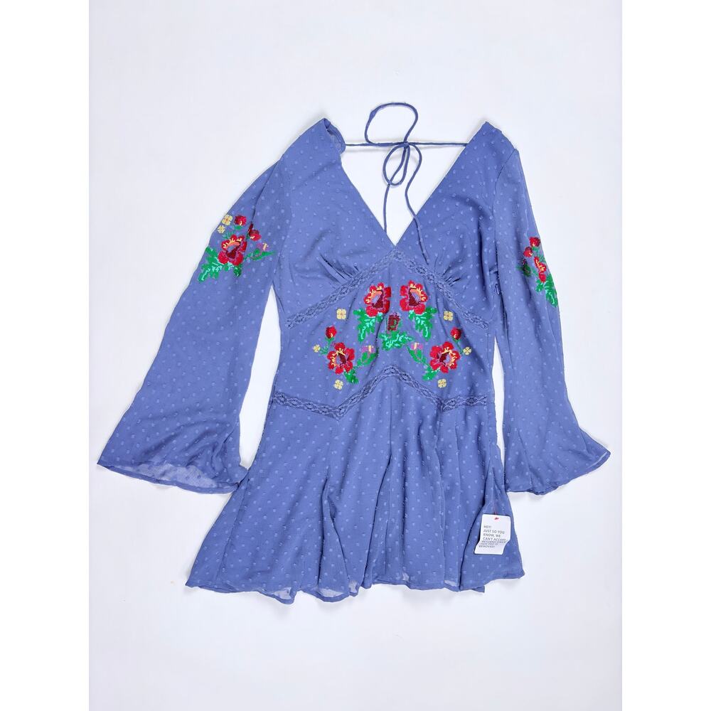 ASOS DESIGN Embroidered Floral Mini Dress 10 Blue Swiss Dot Cottagecore Boho NWT - Picture 11 of 14